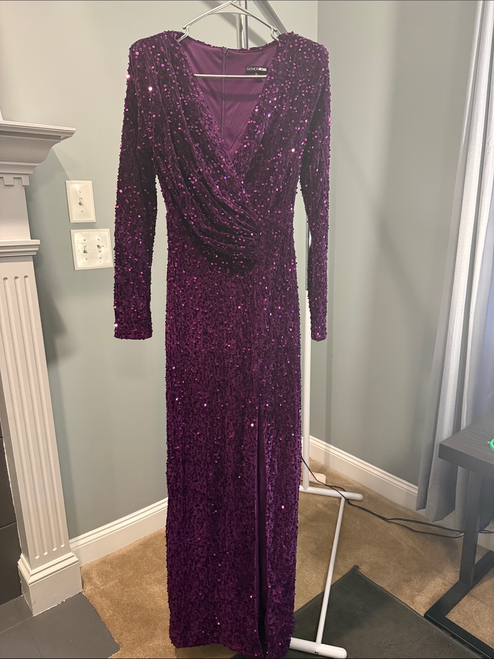 Fashion Nova Deep Purple Sequin Draped V-Neck Gown